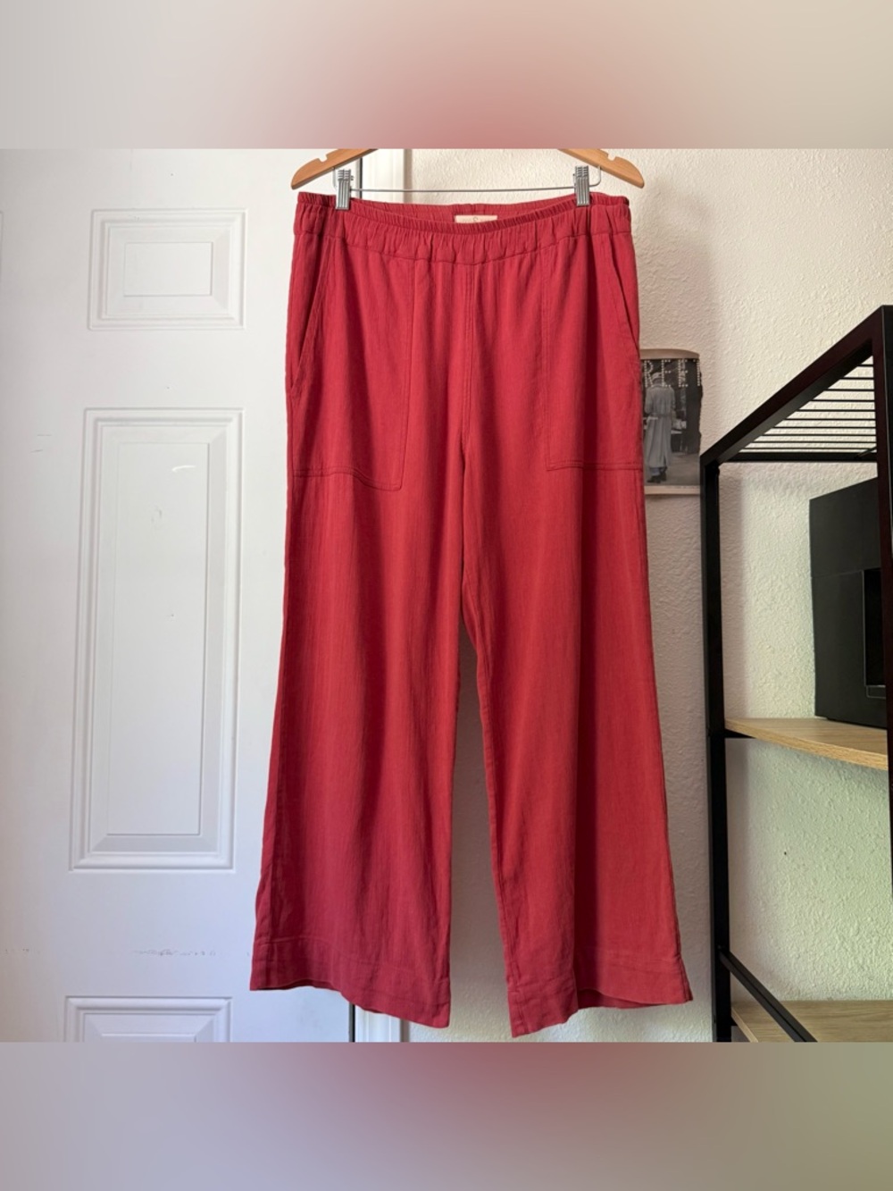 ODD BIRD brick red cotton gauze wide leg pull on elastic waist pants